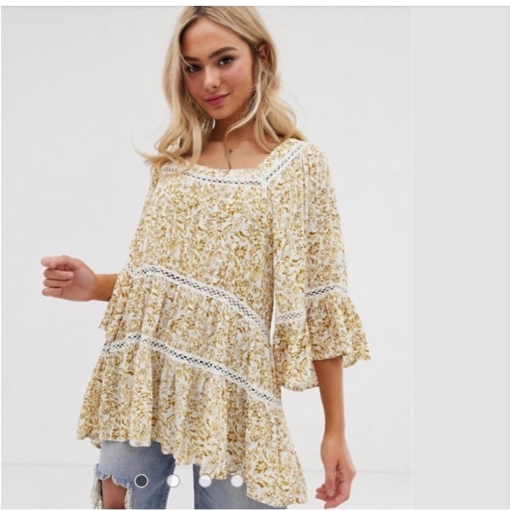 Free People Talk About It Tunic Size XS Yellow Floral Tiered Square Neck